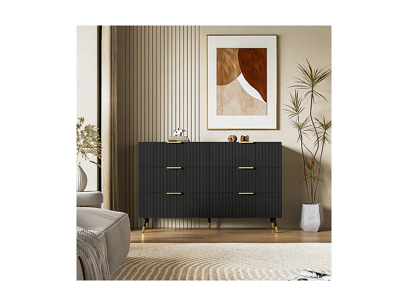 Commode 6 tiroirs - avec aux poignées et aux pieds dorés - surface ondulée - Noir - 120x40x77cm