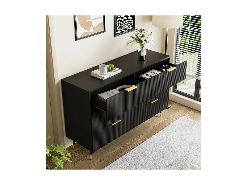 Commode 6 tiroirs - avec aux poignées et aux pieds dorés - surface ondulée - Noir - 120x40x77cm