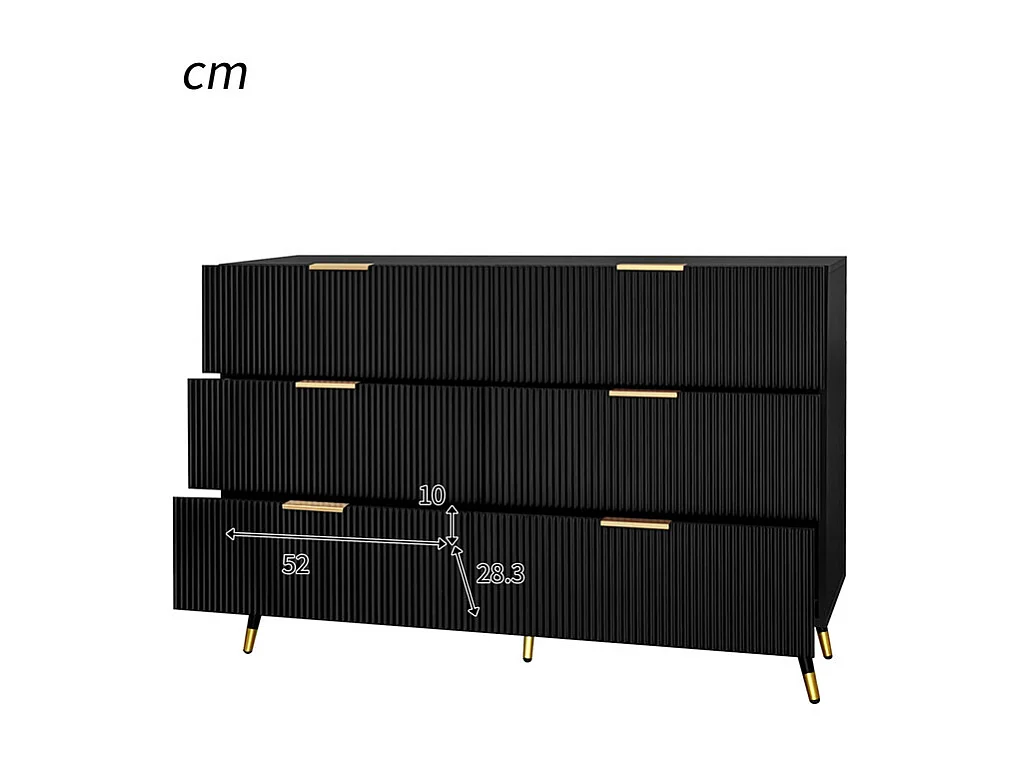 Commode 6 tiroirs - avec aux poignées et aux pieds dorés - surface ondulée - Noir - 120x40x77cm