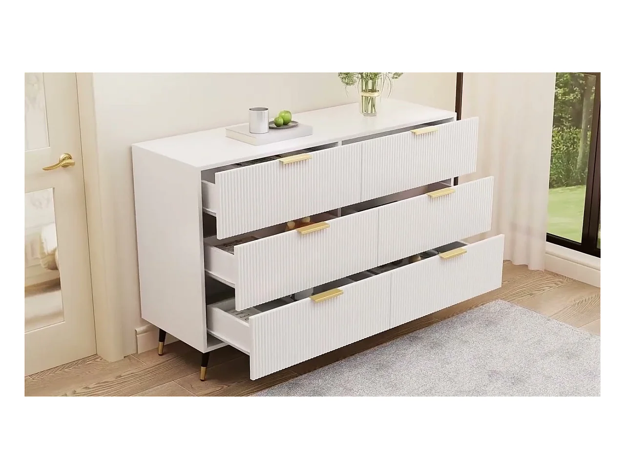 Commode 6 tiroirs - avec aux poignées et aux pieds dorés - surface ondulée - Blanc - 120x40x77cm