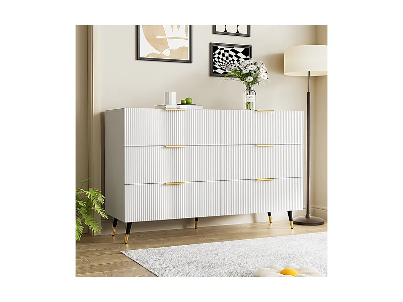 Commode 6 tiroirs - avec aux poignées et aux pieds dorés - surface ondulée - Blanc - 120x40x77cm