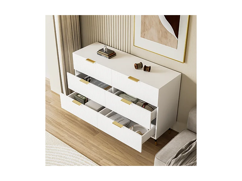 Commode 6 tiroirs - avec aux poignées et aux pieds dorés - surface ondulée - Blanc - 120x40x77cm