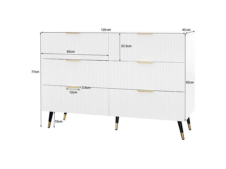 Commode 6 tiroirs - avec aux poignées et aux pieds dorés - surface ondulée - Blanc - 120x40x77cm