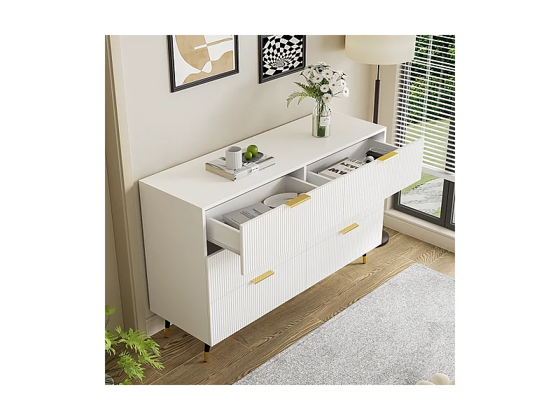 Commode 6 tiroirs - avec aux poignées et aux pieds dorés - surface ondulée - Blanc - 120x40x77cm