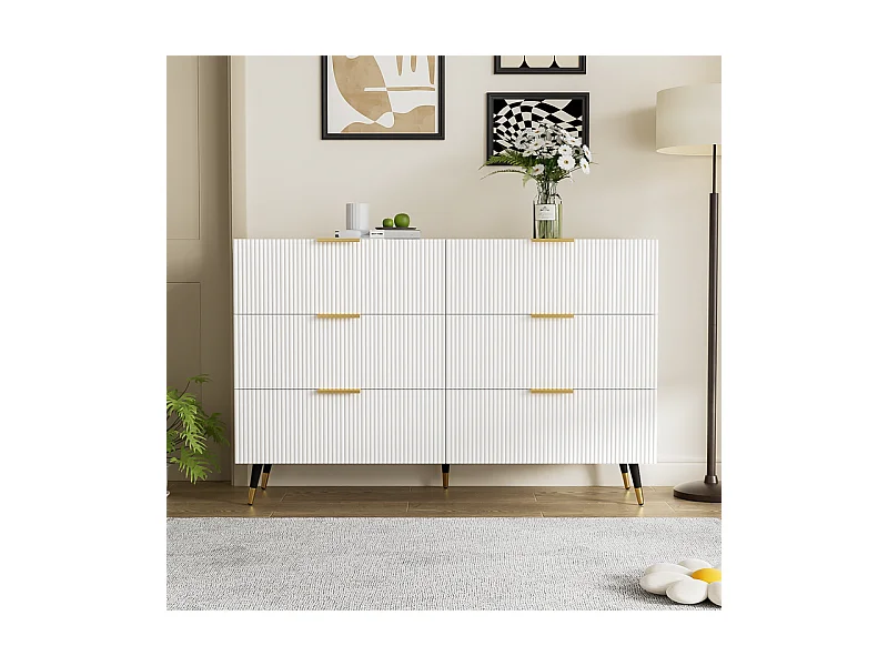 Commode 6 tiroirs - avec aux poignées et aux pieds dorés - surface ondulée - Blanc - 120x40x77cm
