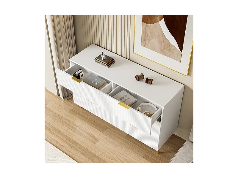 Commode 6 tiroirs - avec aux poignées et aux pieds dorés - surface ondulée - Blanc - 120x40x77cm