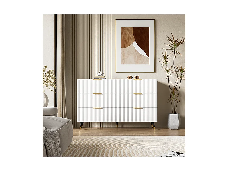 Commode 6 tiroirs - avec aux poignées et aux pieds dorés - surface ondulée - Blanc - 120x40x77cm