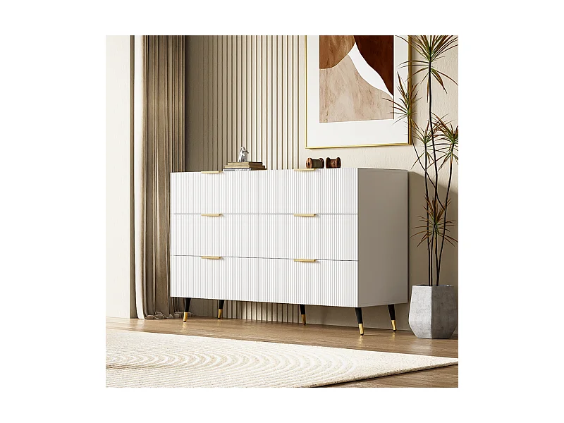 Commode 6 tiroirs - avec aux poignées et aux pieds dorés - surface ondulée - Blanc - 120x40x77cm