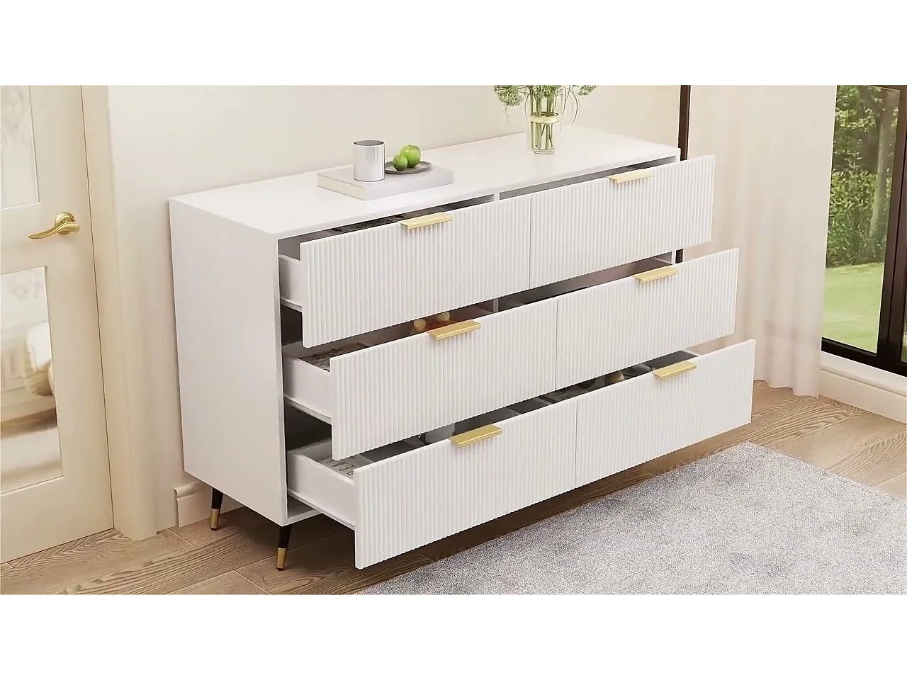 Commode 6 tiroirs - avec aux poignées et aux pieds dorés - surface ondulée - Blanc - 120x40x77cm