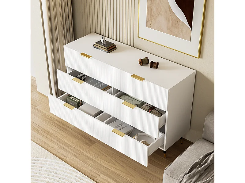 Commode 6 tiroirs - avec aux poignées et aux pieds dorés - surface ondulée - Blanc - 120x40x77cm