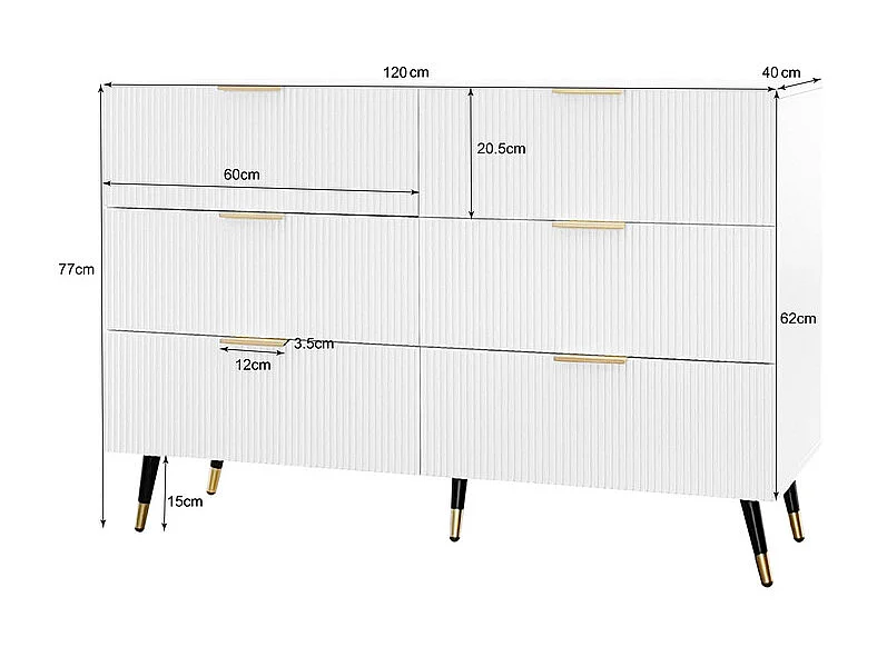 Commode 6 tiroirs - avec aux poignées et aux pieds dorés - surface ondulée - Blanc - 120x40x77cm