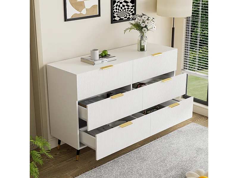 Commode 6 tiroirs - avec aux poignées et aux pieds dorés - surface ondulée - Blanc - 120x40x77cm