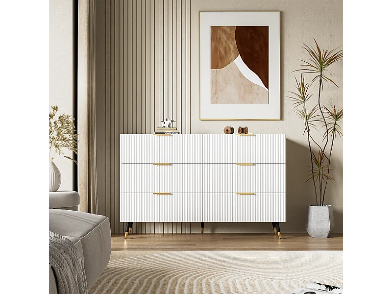 Commode 6 tiroirs - avec aux poignées et aux pieds dorés - surface ondulée - Blanc - 120x40x77cm