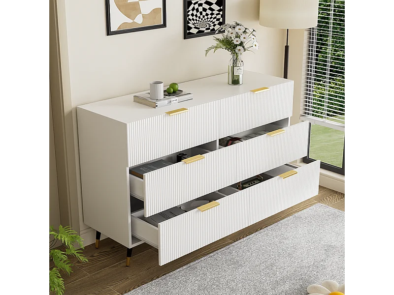 Commode 6 tiroirs - avec aux poignées et aux pieds dorés - surface ondulée - Blanc - 120x40x77cm