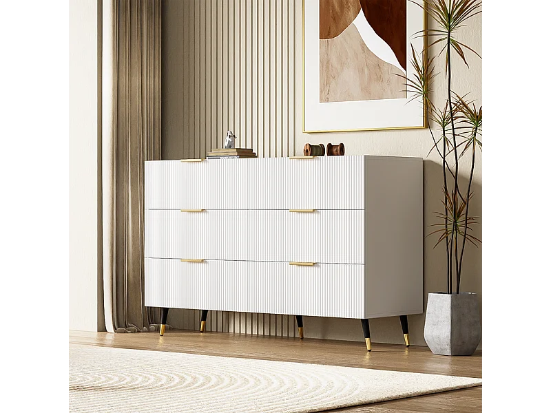 Commode 6 tiroirs - avec aux poignées et aux pieds dorés - surface ondulée - Blanc - 120x40x77cm