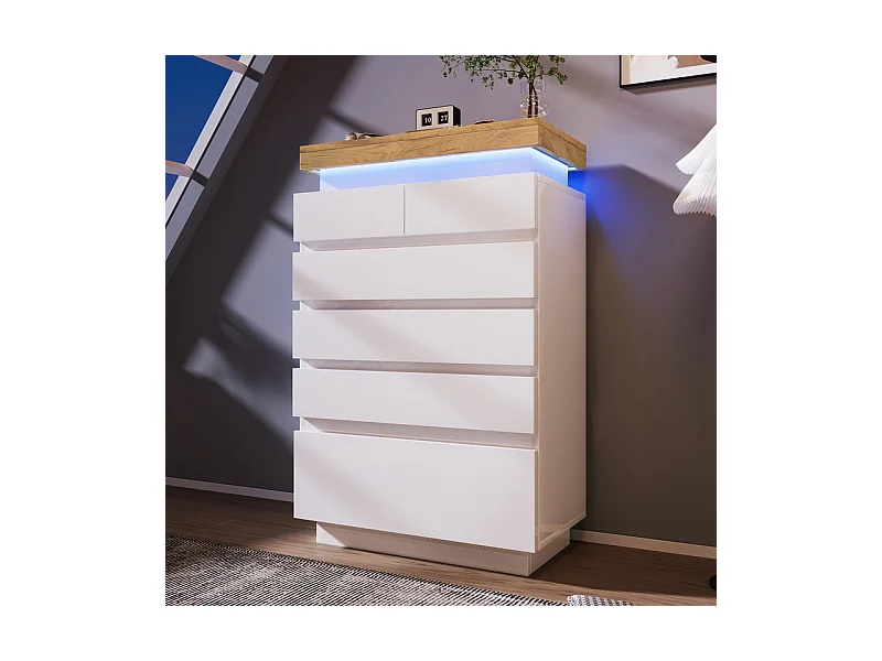 Commode 6 tiroirs en MDF - avec éclairage LED - brillant - Blanc - 73x39x115cm