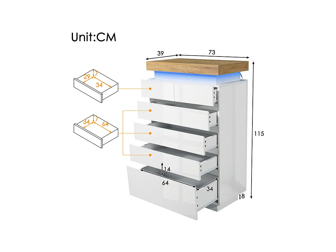 Commode 6 tiroirs en MDF - avec éclairage LED - brillant - Blanc - 73x39x115cm