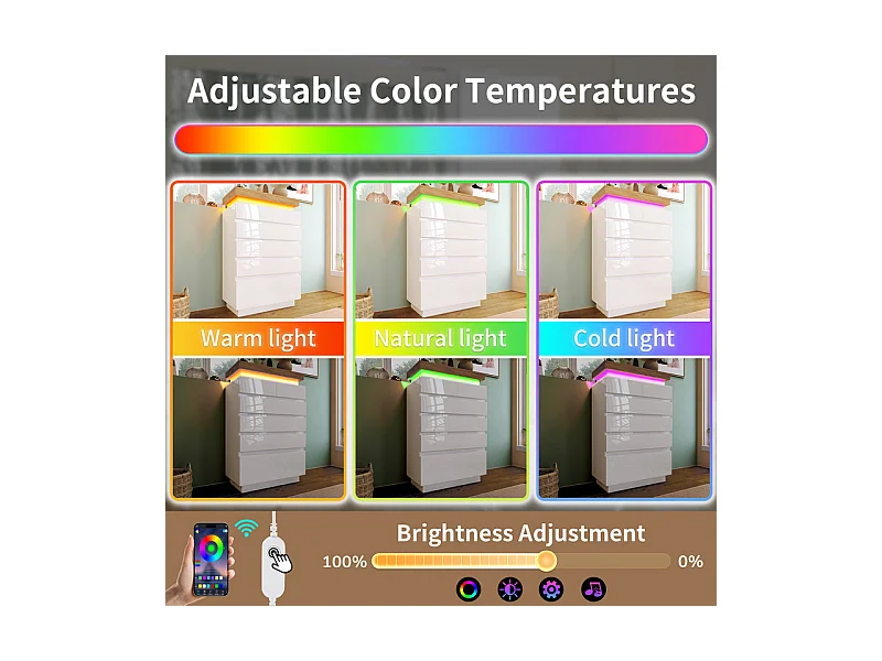 Commode 6 tiroirs en MDF - avec éclairage LED - brillant - Blanc - 73x39x115cm