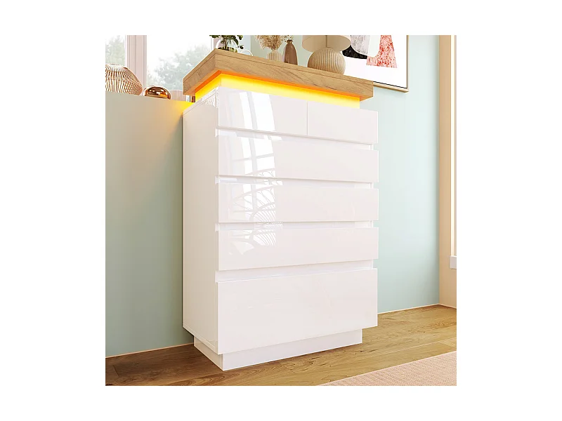 Commode 6 tiroirs en MDF - avec éclairage LED - brillant - Blanc - 73x39x115cm