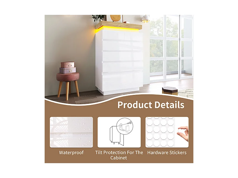 Commode 6 tiroirs en MDF - avec éclairage LED - brillant - Blanc - 73x39x115cm