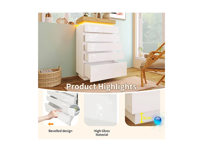 Commode 6 tiroirs en MDF - avec éclairage LED - brillant - Blanc - 73x39x115cm