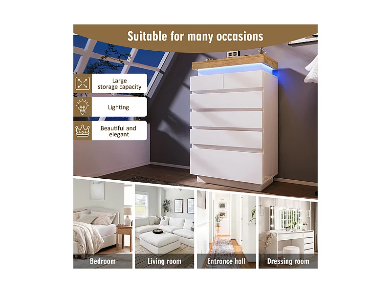 Commode 6 tiroirs en MDF - avec éclairage LED - brillant - Blanc - 73x39x115cm