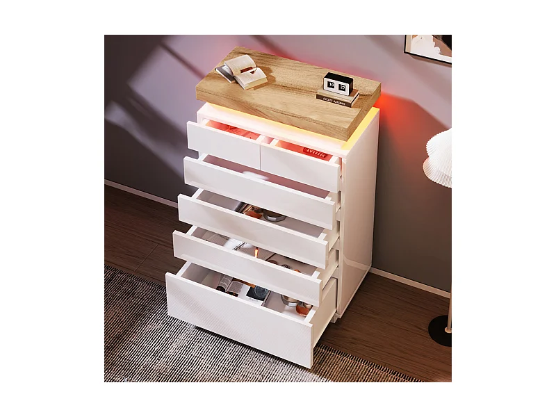 Commode 6 tiroirs en MDF - avec éclairage LED - brillant - Blanc - 73x39x115cm