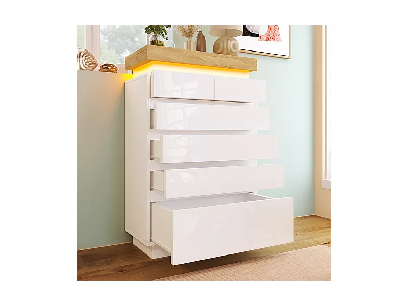 Commode 6 tiroirs en MDF - avec éclairage LED - brillant - Blanc - 73x39x115cm