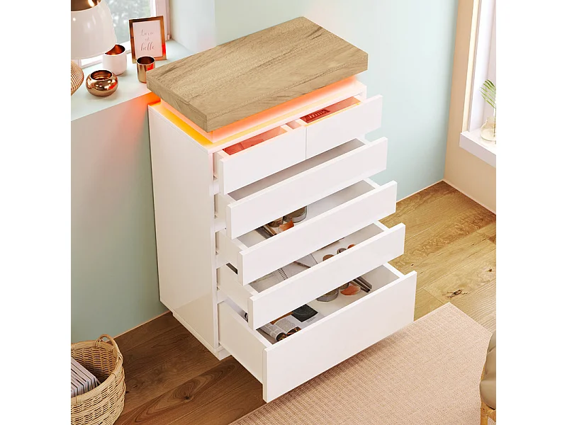 Commode 6 tiroirs en MDF - avec éclairage LED - brillant - Blanc - 73x39x115cm