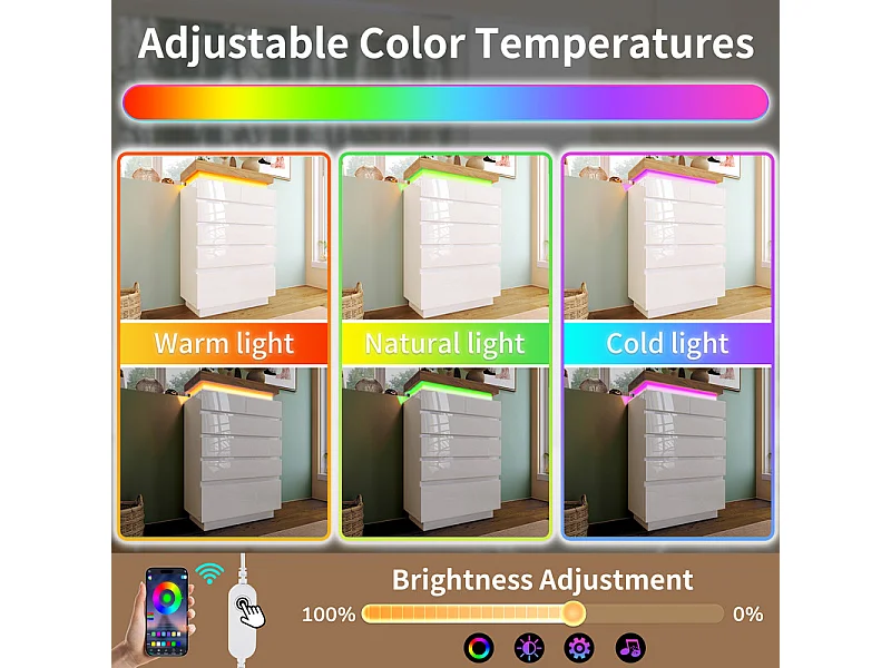 Commode 6 tiroirs en MDF - avec éclairage LED - brillant - Blanc - 73x39x115cm