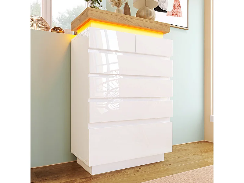 Commode 6 tiroirs en MDF - avec éclairage LED - brillant - Blanc - 73x39x115cm