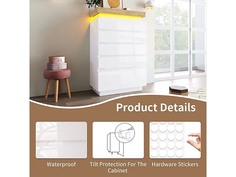 Commode 6 tiroirs en MDF - avec éclairage LED - brillant - Blanc - 73x39x115cm