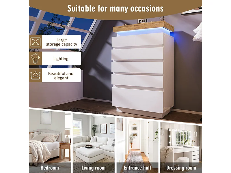 Commode 6 tiroirs en MDF - avec éclairage LED - brillant - Blanc - 73x39x115cm