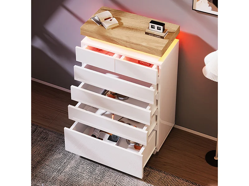 Commode 6 tiroirs en MDF - avec éclairage LED - brillant - Blanc - 73x39x115cm