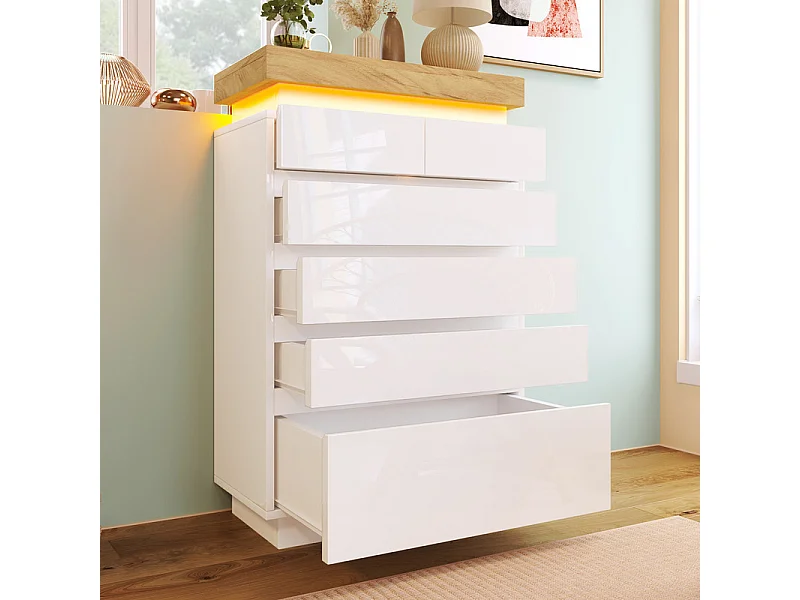 Commode 6 tiroirs en MDF - avec éclairage LED - brillant - Blanc - 73x39x115cm