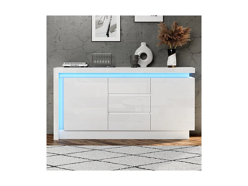Commode 3 tiroirs - avec LED et 2 portes - étagères réglables - Blanc - 140x35x72cm
