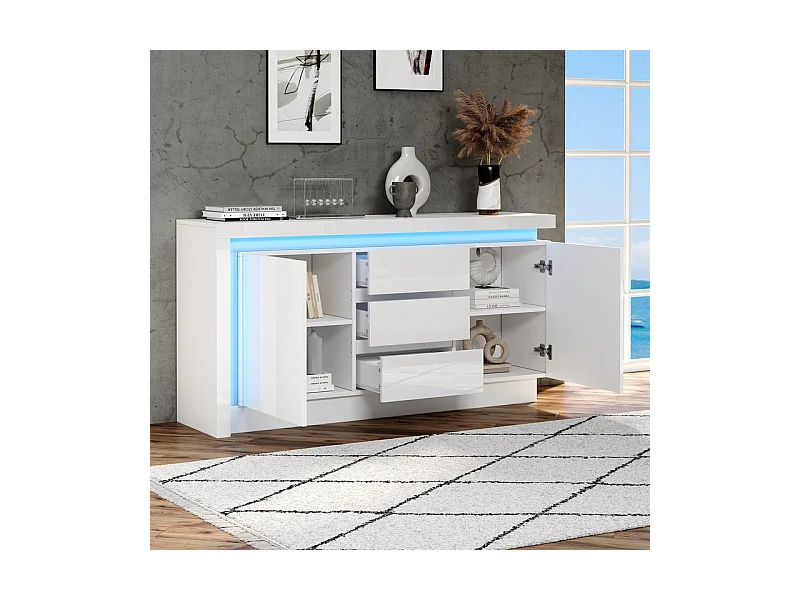 Commode 3 tiroirs - avec LED et 2 portes - étagères réglables - Blanc - 140x35x72cm