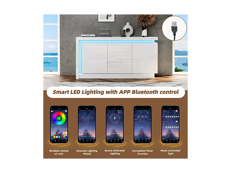 Commode 3 tiroirs - avec LED et 2 portes - étagères réglables - Blanc - 140x35x72cm