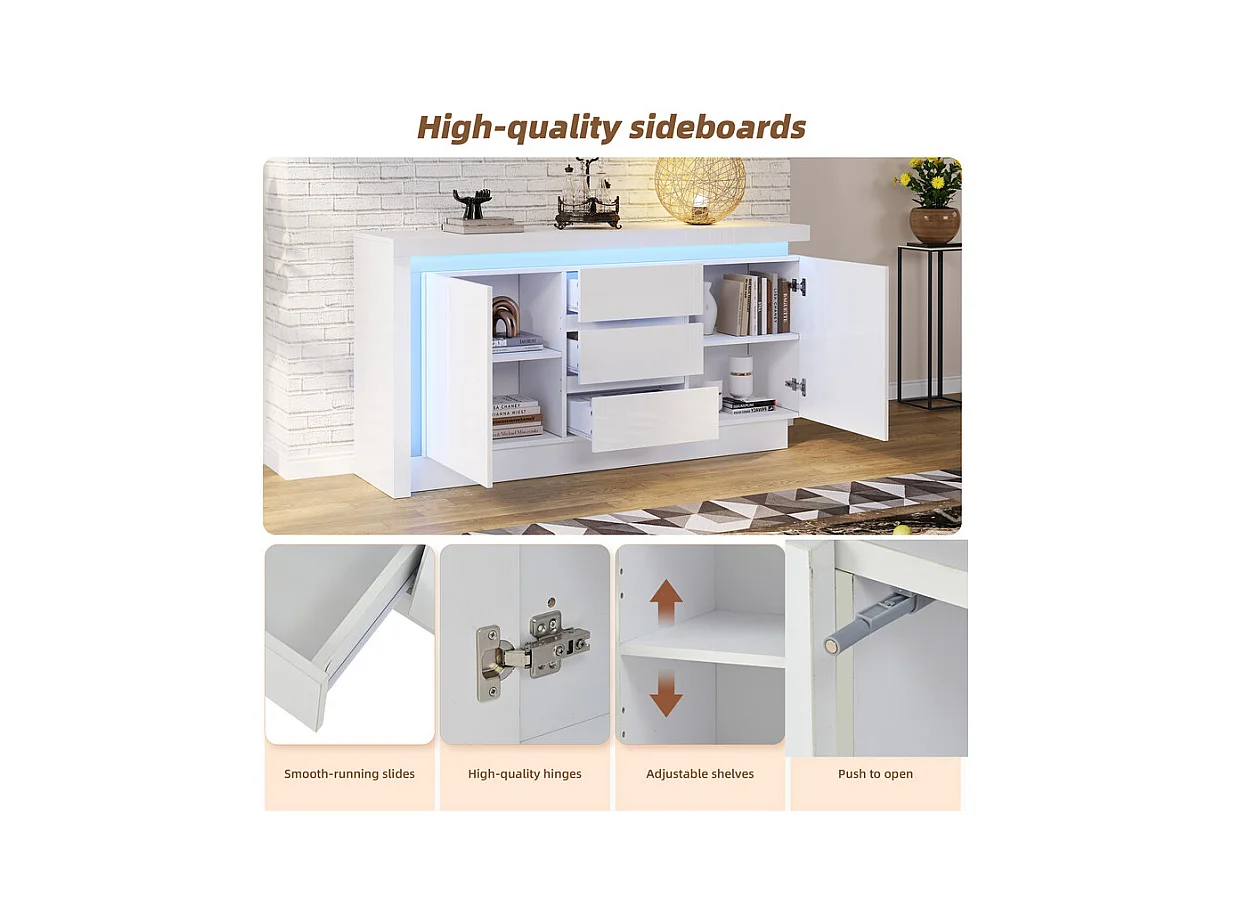 Commode 3 tiroirs - avec LED et 2 portes - étagères réglables - Blanc - 140x35x72cm