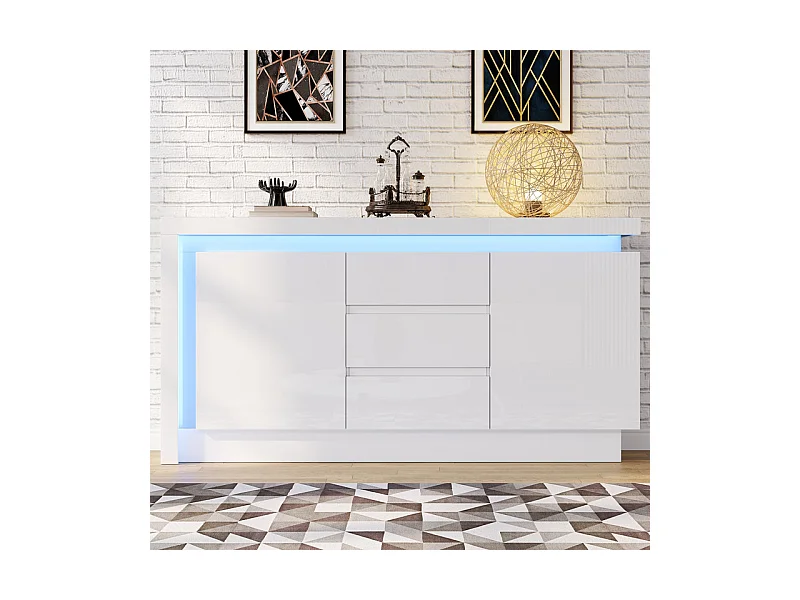 Commode 3 tiroirs - avec LED et 2 portes - étagères réglables - Blanc - 140x35x72cm