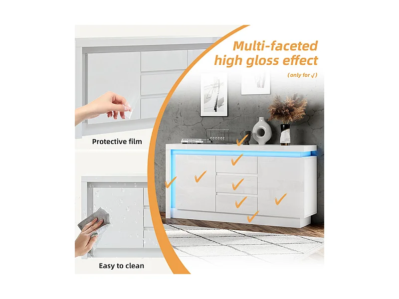 Commode 3 tiroirs - avec LED et 2 portes - étagères réglables - Blanc - 140x35x72cm