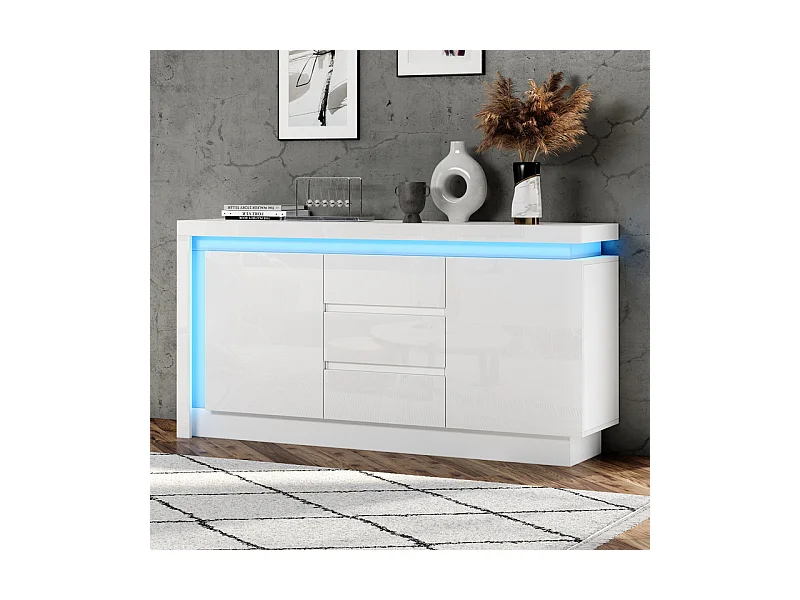 Commode 3 tiroirs - avec LED et 2 portes - étagères réglables - Blanc - 140x35x72cm