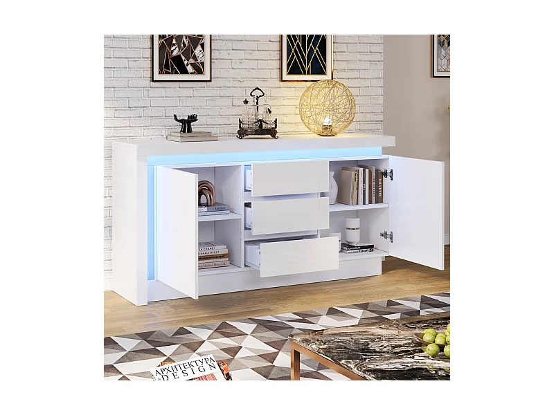 Commode 3 tiroirs - avec LED et 2 portes - étagères réglables - Blanc - 140x35x72cm
