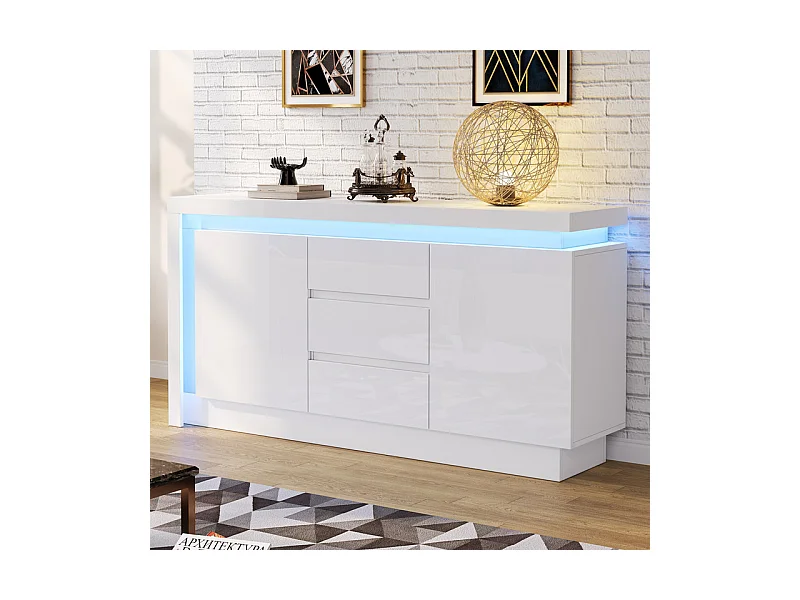 Commode 3 tiroirs - avec LED et 2 portes - étagères réglables - Blanc - 140x35x72cm