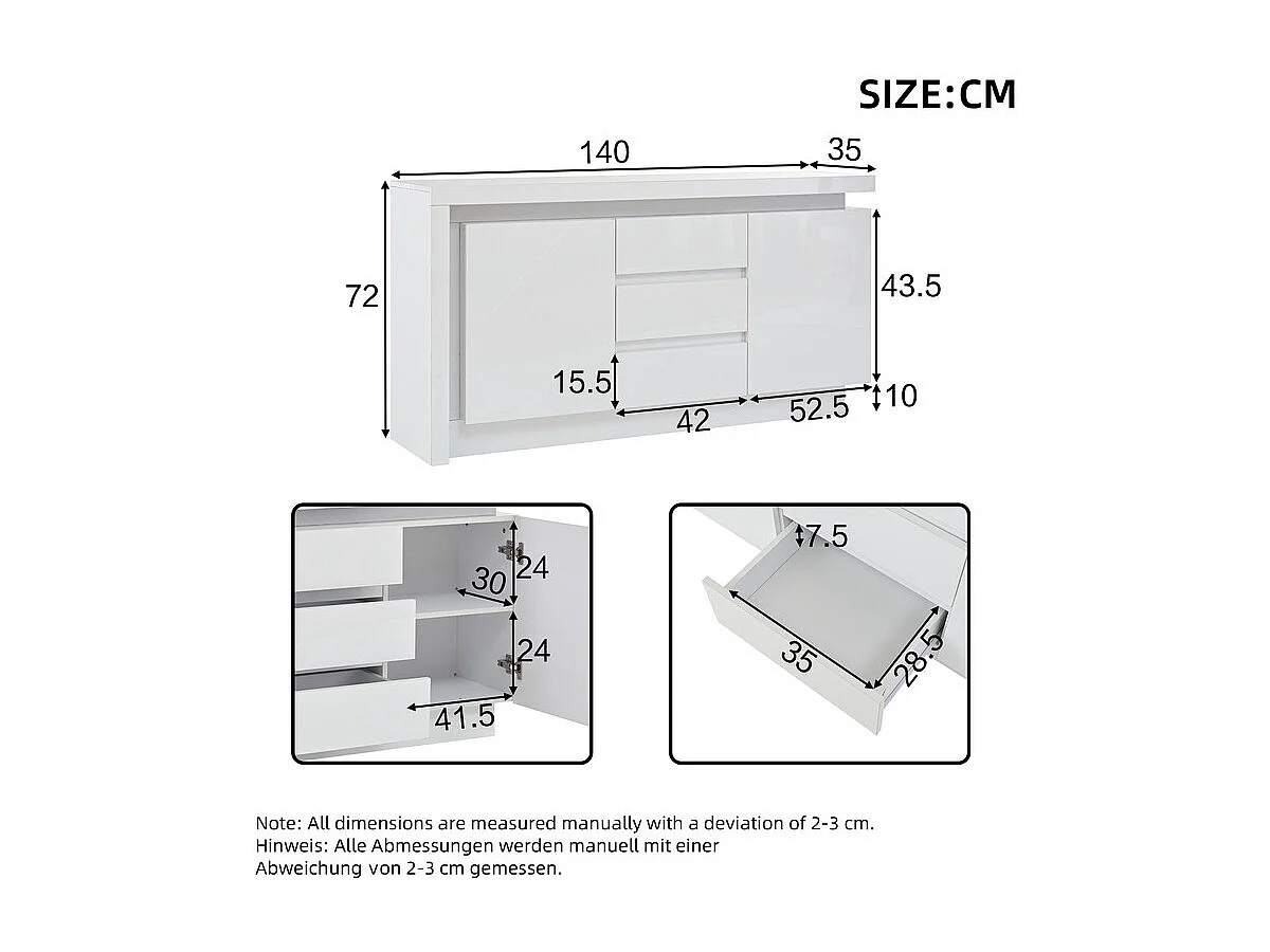 Kommode 3 Schubladen - mit LED und 2 Türen - Verstellbare Regale Weiß 140x35x72cm