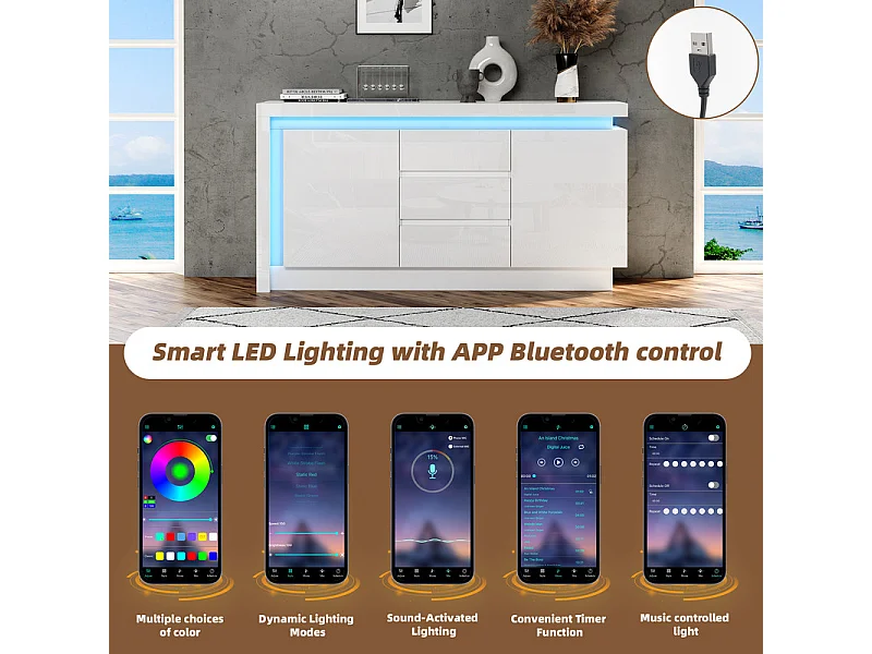 Kommode 3 Schubladen - mit LED und 2 Türen - Verstellbare Regale Weiß 140x35x72cm