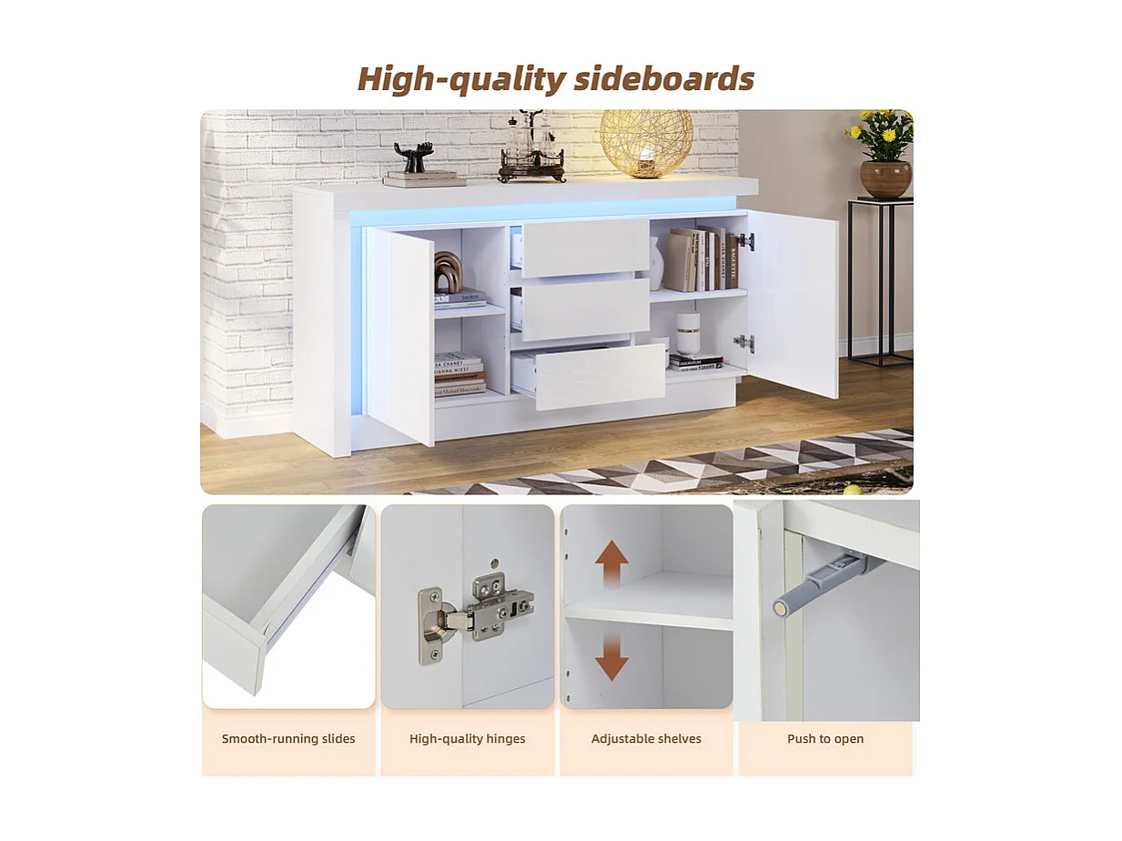 Kommode 3 Schubladen - mit LED und 2 Türen - Verstellbare Regale Weiß 140x35x72cm