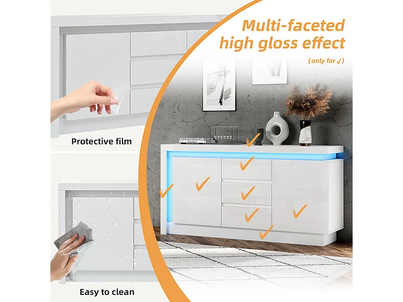 Kommode 3 Schubladen - mit LED und 2 Türen - Verstellbare Regale Weiß 140x35x72cm