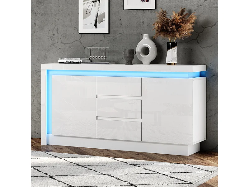 Kommode 3 Schubladen - mit LED und 2 Türen - Verstellbare Regale Weiß 140x35x72cm