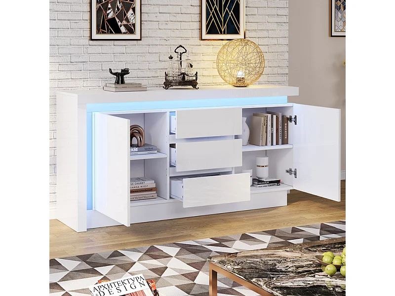 Kommode 3 Schubladen - mit LED und 2 Türen - Verstellbare Regale Weiß 140x35x72cm